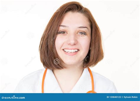 Happy Face Portrait Of Young Nurse Doctor In White Background Stock
