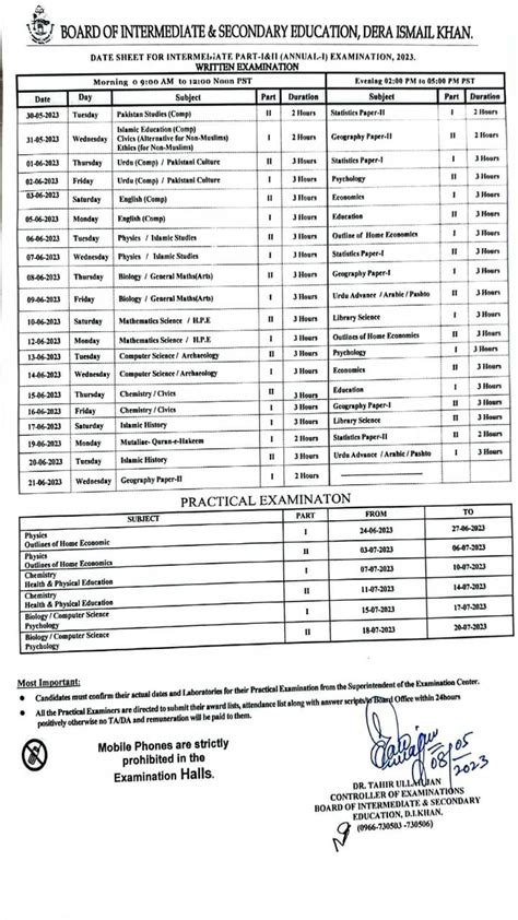 Bise Di Khan Board Date Sheet 2023 Inter Part 1 2 Hssc Fa Fsc