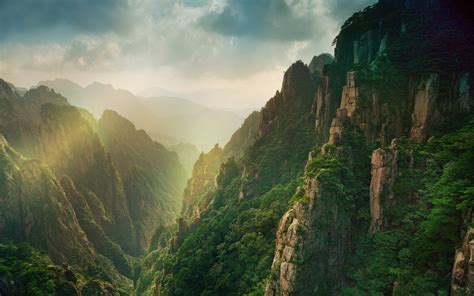 Nature Landscape Mountains Mist Forest Sun Rays China Canyon