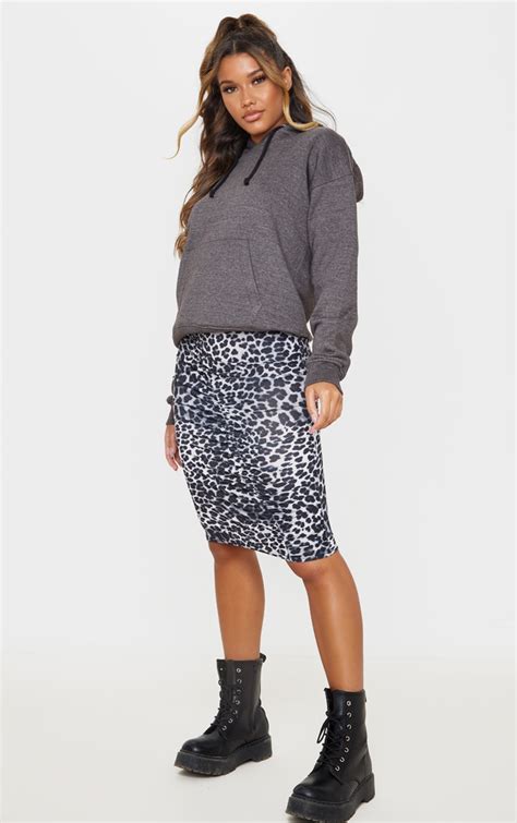 Grey Leopard Print Ruched Side Midi Skirt Prettylittlething