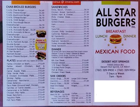 Menu At All Star Burgers Restaurant Desert Hot Springs Dillon Rd