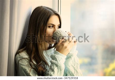 Woman Drinking Coffee Near Window Room Stock Photo 347129318 Shutterstock