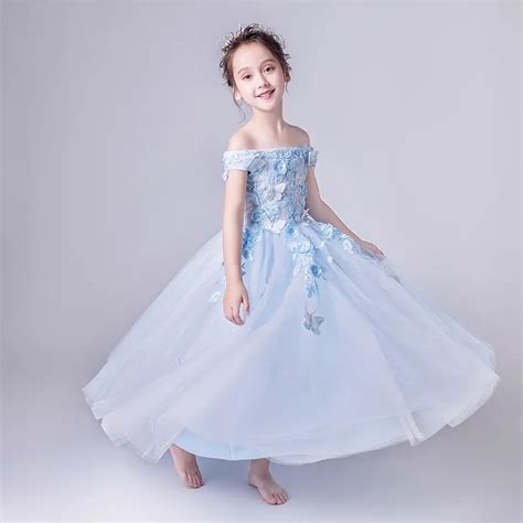 Light Blue Tulle Flower Girl Dress For Wedding Party Shoulderless Long