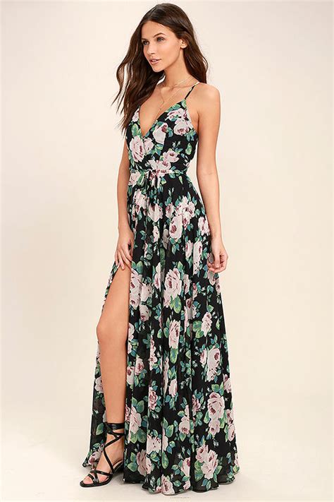 Lovely Black Floral Print Dress Black Wrap Maxi Dress Lulus