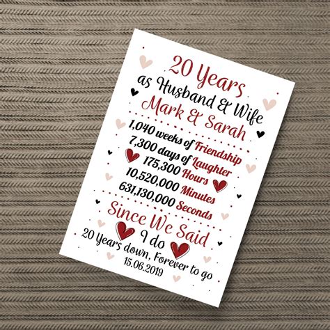 Unique anniversary gifts for husband. Personalised Wedding Gift 20th Year Anniversary Husband Wife