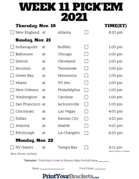 Printable Nfl Weekly Pick Em Sheets Week 12 Happy Living