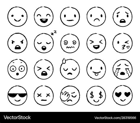 Hand Drawn Emoji Doodle Emoticons Smile Face Vector Image