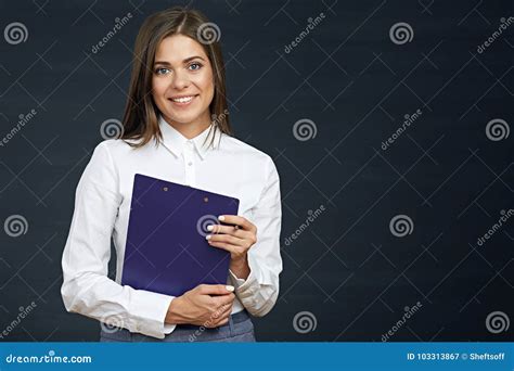 Smiling Business Woman Holding Clipboard With Pen Stock Image Image