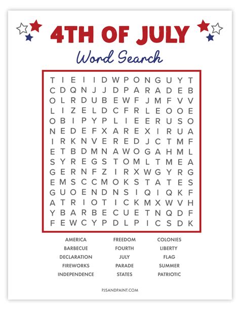 Free Printable 4th Of July Word Search Pjs And Paint