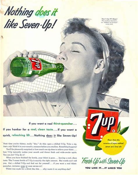 An Old Ad For 7up With A Woman Drinking From A Tennis Racquet