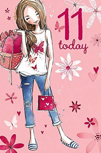 Age 11 Girl Birthday Card Bright Pink Eleven And Patterned Flowers 775