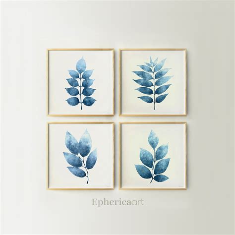 Set Of 4 Prints Navy Blue Wall Decor Blue Leaves Home Decor Etsy