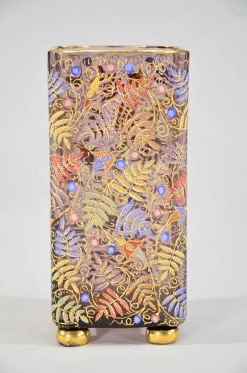 Moser Hand Blown Quatrefoil Vase Hand Painted Polychrome Enamel Flowers And Raised Gold Vases