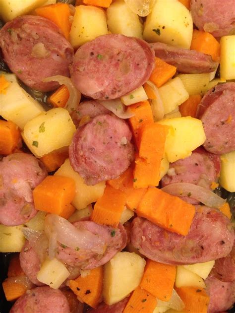 We added kidney beans for protein to help feel fuller for a longer period of time. Organic chicken apple sausage (brand: Adele), onions, sweet potato and apples. Chop it all up ...