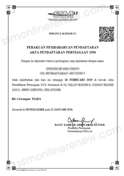Borang ini dikeluarkan percuma ol. SSM ONLINE RENEWAL - SSM Business Certificate Renewal