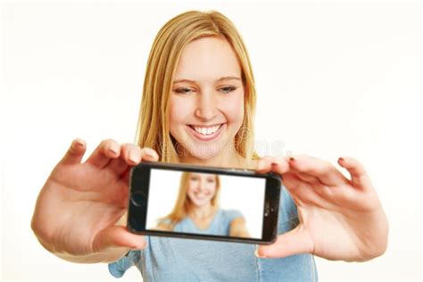 Blonde Woman Taking Selfie With Smartphone Stock Image Image Of