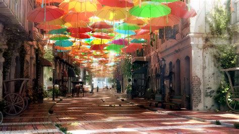 Download 1920x1080 Anime Landscape Scenic Umbrellas 3d