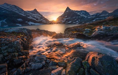 Wallpaper Sunset Mountains Lake Stream Norway Norway The