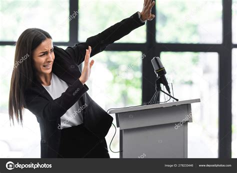 Scared Lecturer Suffering Fear Public Speaking Gesturing Hands While