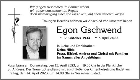 Traueranzeigen von Egon Gschwend Allgäuer Zeitung