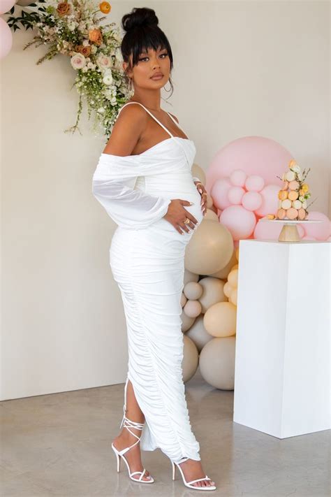 Announcement White Maternity Ruched Mesh Maxi Dress Gender Reveal