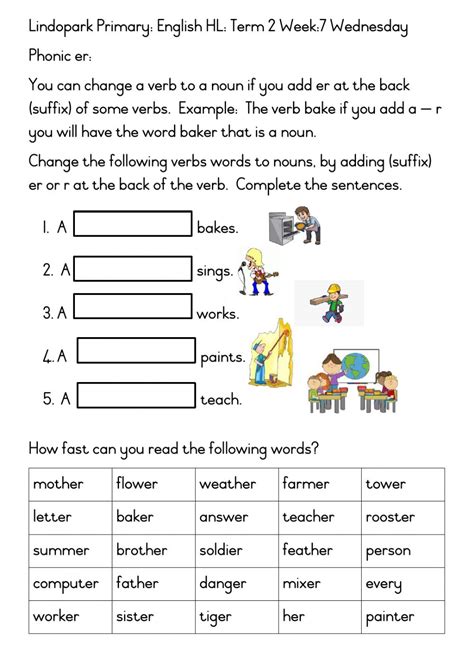 Not sure where to start? Grade 3 Term 2 Week 7 English Phonic er Wedneday worksheet