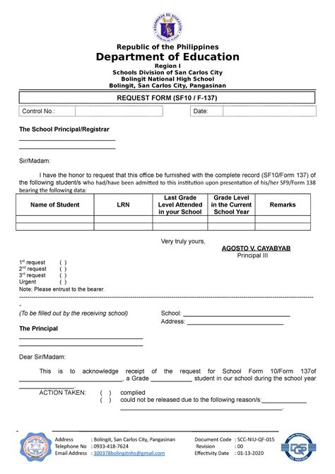 Scc Niu Qf 015 Request Form For Sf10 Form137 01132020 Republic Of