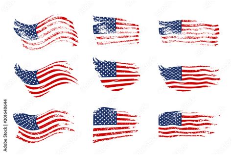 Vintage Waving Usa Flag Set Vector Waving American Flags On Grunge