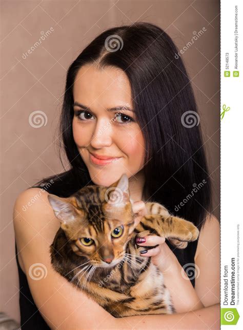 Beautiful Brunette With A Cat Stock Image Image Of Fluffy Beauty