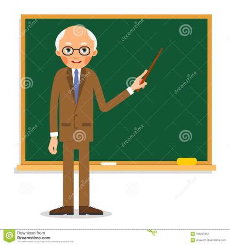 Elderly Professor Stands In Front Of Blackboard With Pointer In Stock