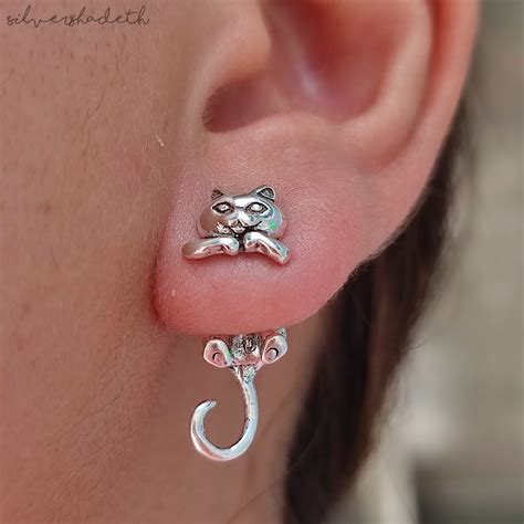 Sterling Silver Cat Earrings Cat Clinging Earrings Double Etsy