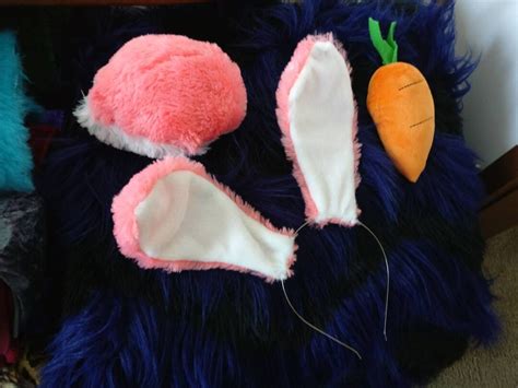 Posable Bunny Ears Tail Costume Rabbit Furry Full Set Pink And White