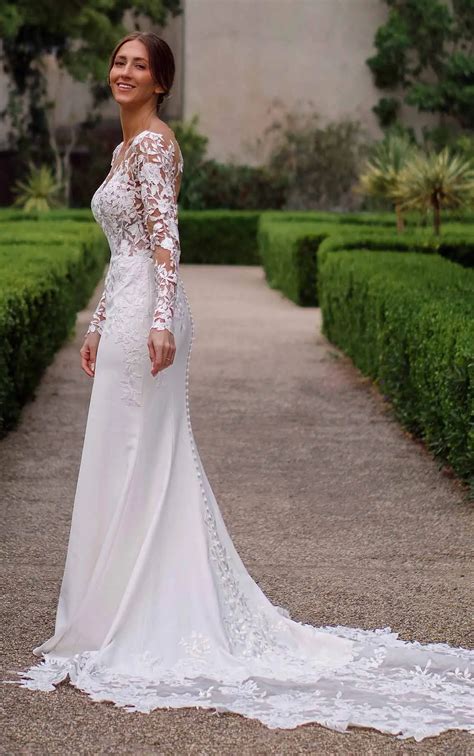 Sexy Lace Wedding Dress With Sheer Bodice And Long Sleeves Essense Of Australia Wedding Dresses