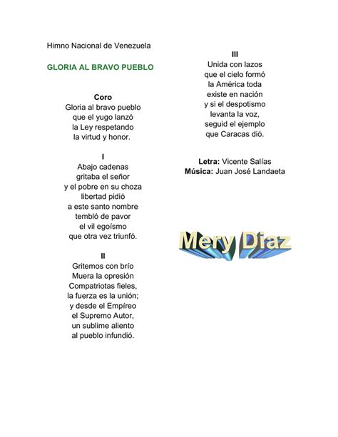 Himno Nacional De Venezuela Gloria Al Bravo Pueblo Coro