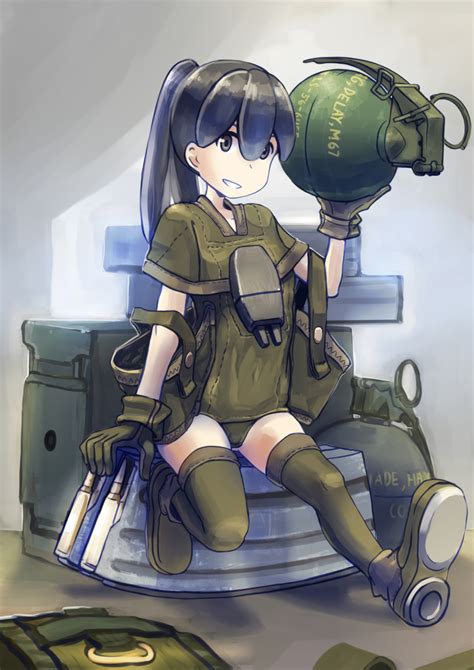 Safebooru 1girl Ammo Box Ammunition Bangs Black Hair Boots Brown Eyes Cartridge Combat Boots