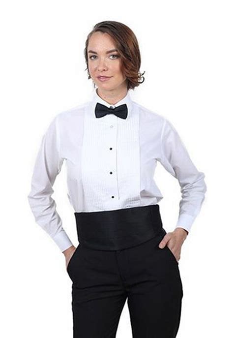 Womens White Lay Down Collar Long Sleeve Tuxedo Shirt With ¼″ Pleat