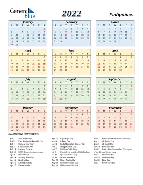 Philippine Calendar 2022