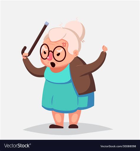 Cartoon Angry Old Woman Brandishing Her Cane Vector Image