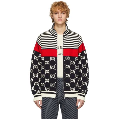 Gucci Navy And Off White Knit Gg Stripe Zip Up Jacket The Fashionisto