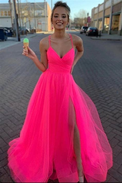 Simple A Line V Neck Hot Pink Tulle Prom Dress Princess Hot Pink Tulle Formal Evening