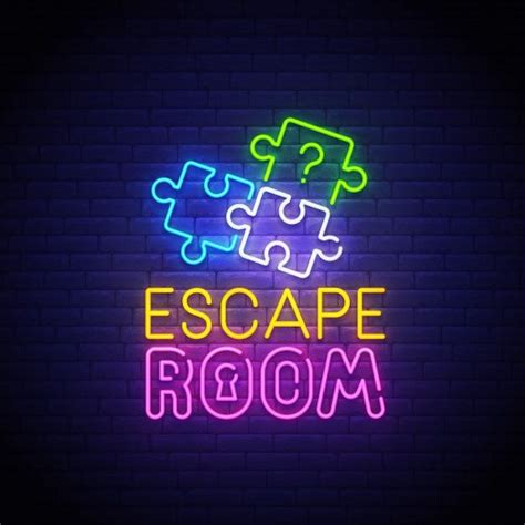 A Neon Sign That Says Escape Room With Puzzle Pieces On It And The Word