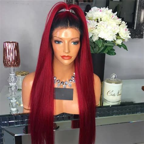 Ombre Red Human Hair Wigs Silky Straight Full Lace Wig Brazilian Virgin