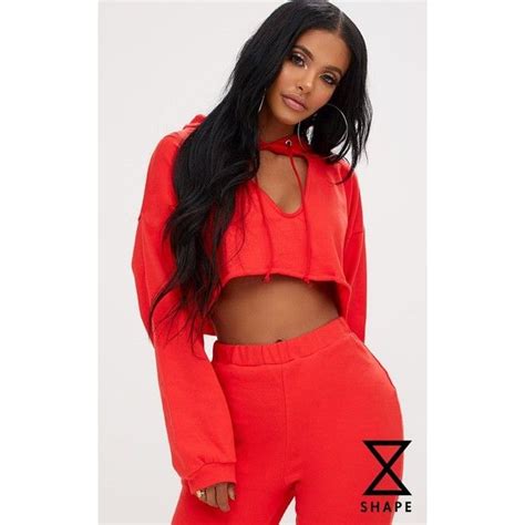 Shape Red Crop Open Neck Hoodie 19 Liked On Polyvore Featuring Tops