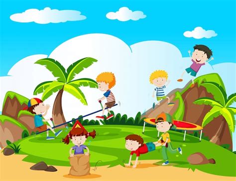 Premium Vector Happy Children Playing In Playground