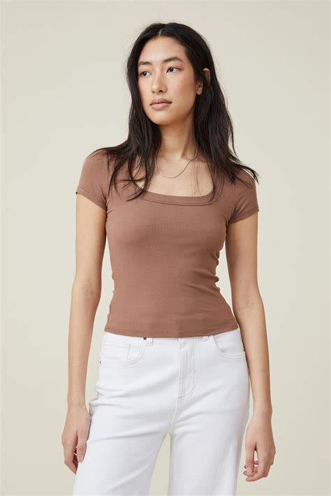 Staple Rib Scoop Neck Short Sleeve Top Russet Brown Cotton On T Shirts Vests And Camis