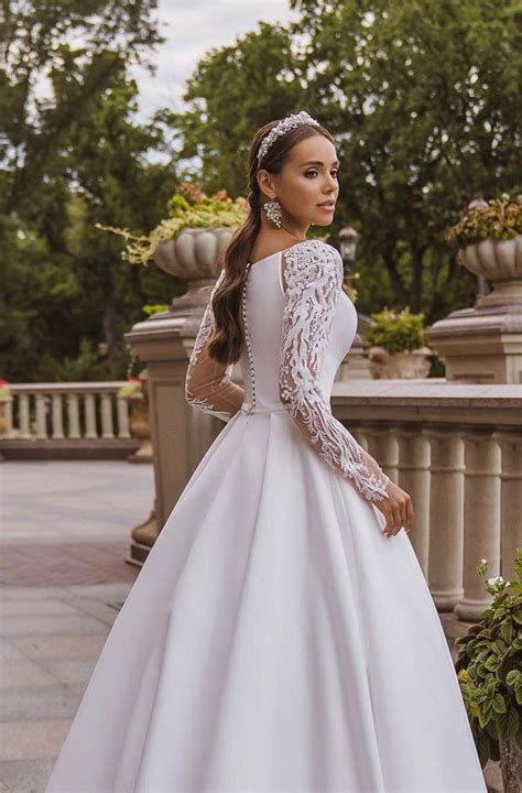 Satin Ball Gown Wedding Dress Embroidered Lace Long Sleeve Etsy