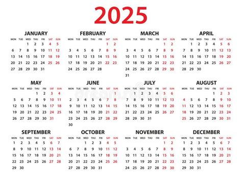 Calendar 2025 Year Vector Illustration Set Of 12 Calendar Week Starts
