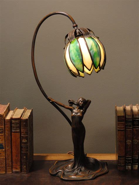 Gorgeous Art Nouveau Lady Figural Lamp W Petal Slag Glass Shade From