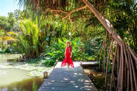 Travel Woman In Red Dress Relax In Tropical Resort Female Traveler On