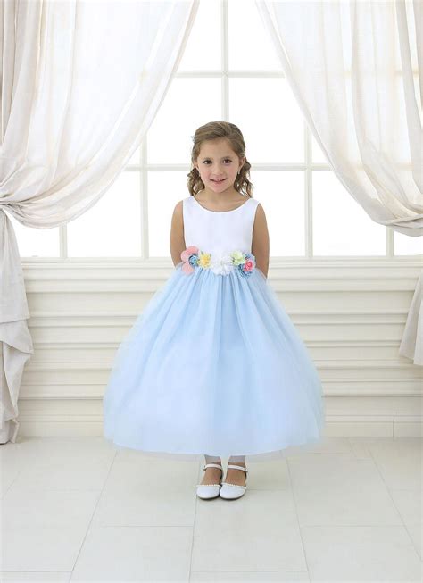 Girls Dress Style D755 White Light Blue Satin And Organza Dress With